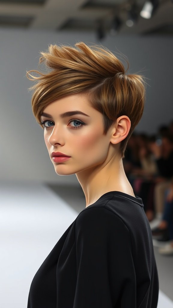 A model showcasing a voluminous pixie hairstyle with a sleek finish, emphasizing height on top.