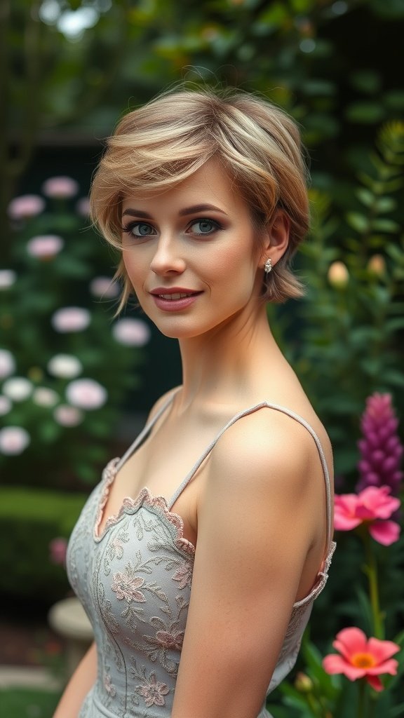 A woman with a soft feminine pixie hairstyle, surrounded by flowers