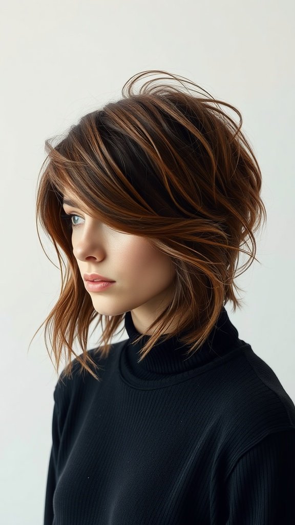 Pixie hairstyle with long layers, showcasing textured and voluminous hair.