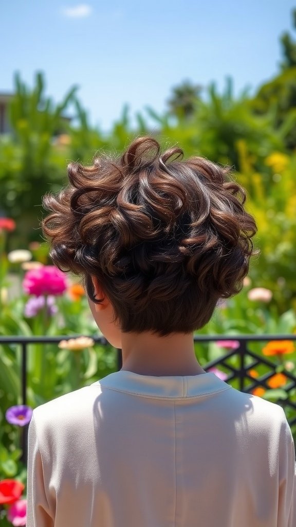 A curly pixie hairstyle on a person seen from the back with a floral background.