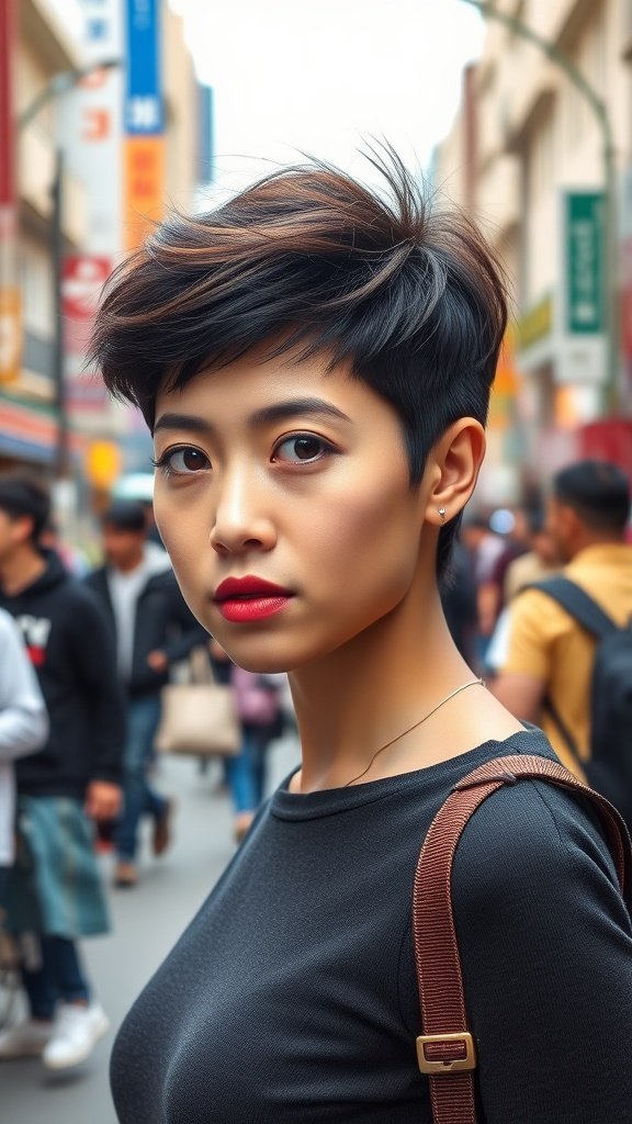 A woman with a stylish pixie haircut, standing in a busy street