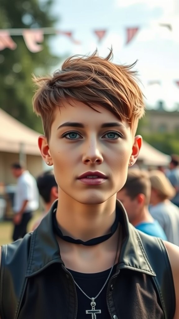 A person with a pixie hairstyle featuring shaved sides, looking confidently at the camera.