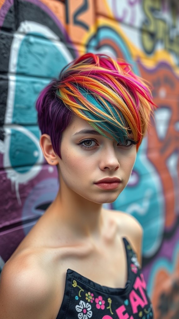 A young person with a bold, colorful pixie haircut featuring vibrant pink, teal, and yellow hues against a graffiti backdrop.