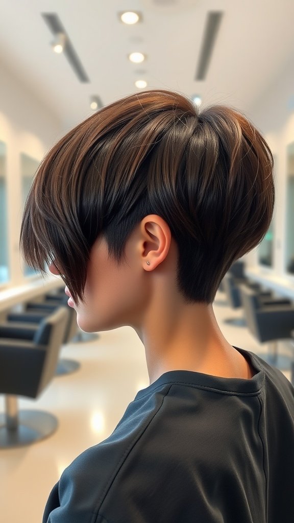 A woman with a long pixie hairstyle and tapered back, showcasing a trendy look.