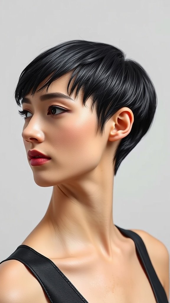 A model showcasing a sophisticated wet look pixie hairstyle.