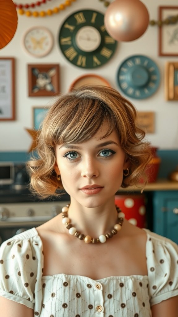 A woman with a vintage inspired pixie hairstyle, featuring soft curls and a stylish necklace.