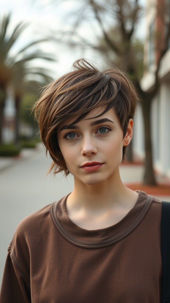 A stylish textured pixie haircut with bangs, showcasing a fresh and playful look.