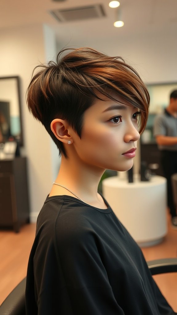 A stylish asymmetrical pixie hairstyle with longer layers on one side and shorter on the other.