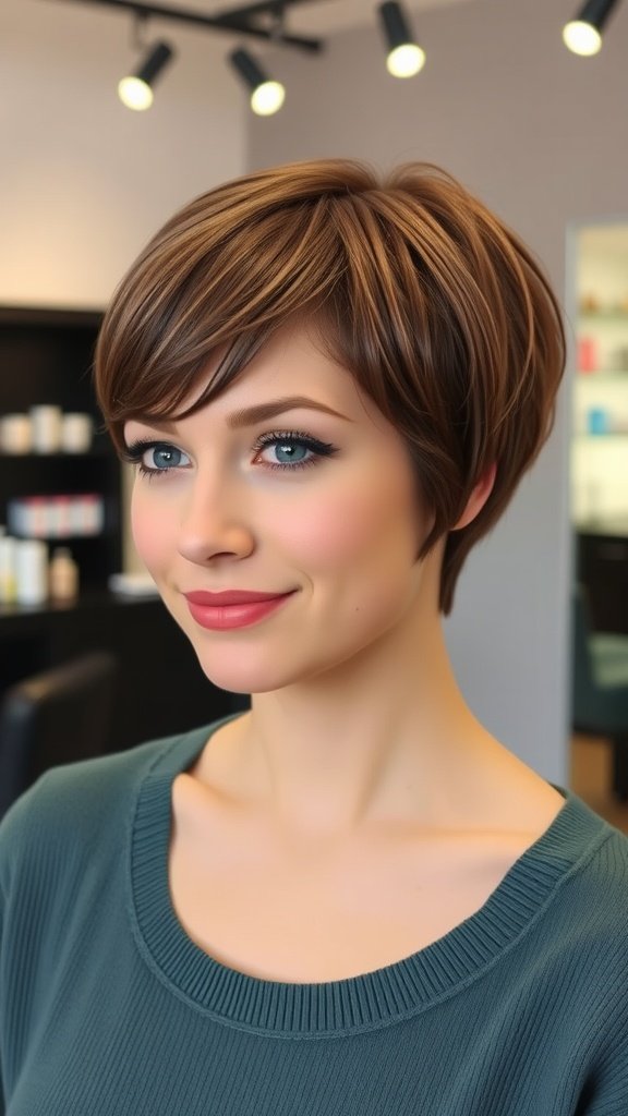 A stylish pixie haircut transitioning towards a bob, showcasing layers and texture.