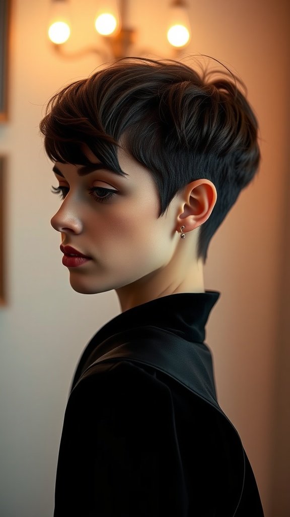 A woman with a pixie hairstyle featuring side-swept bangs, showcasing a modern and chic look.