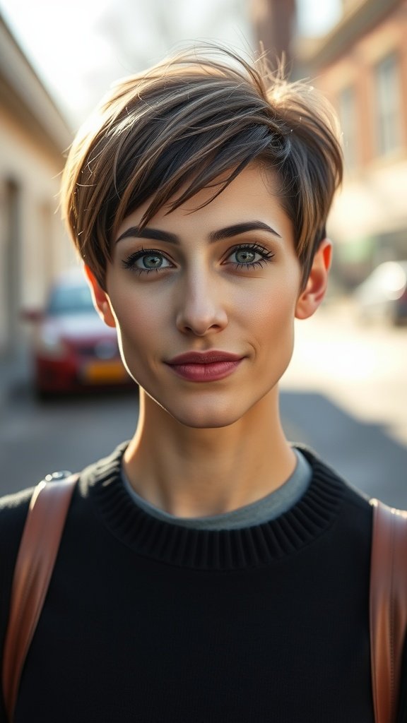 A woman with a stylish pixie haircut featuring face-framing layers, showcasing a modern and trendy look.