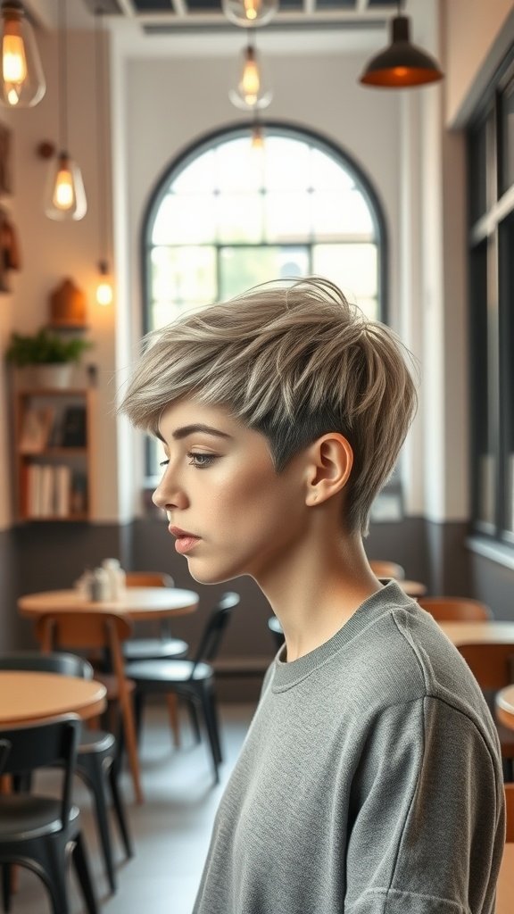 A stylish pixie cut with highlights, showcasing texture and depth, in a cozy café setting.