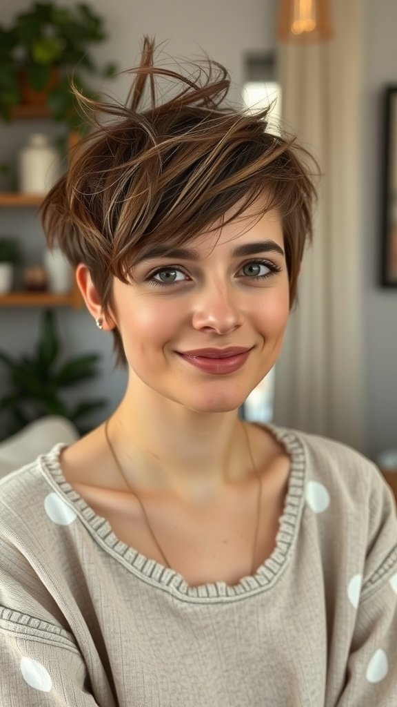 A woman with a messy pixie haircut smiling at the camera