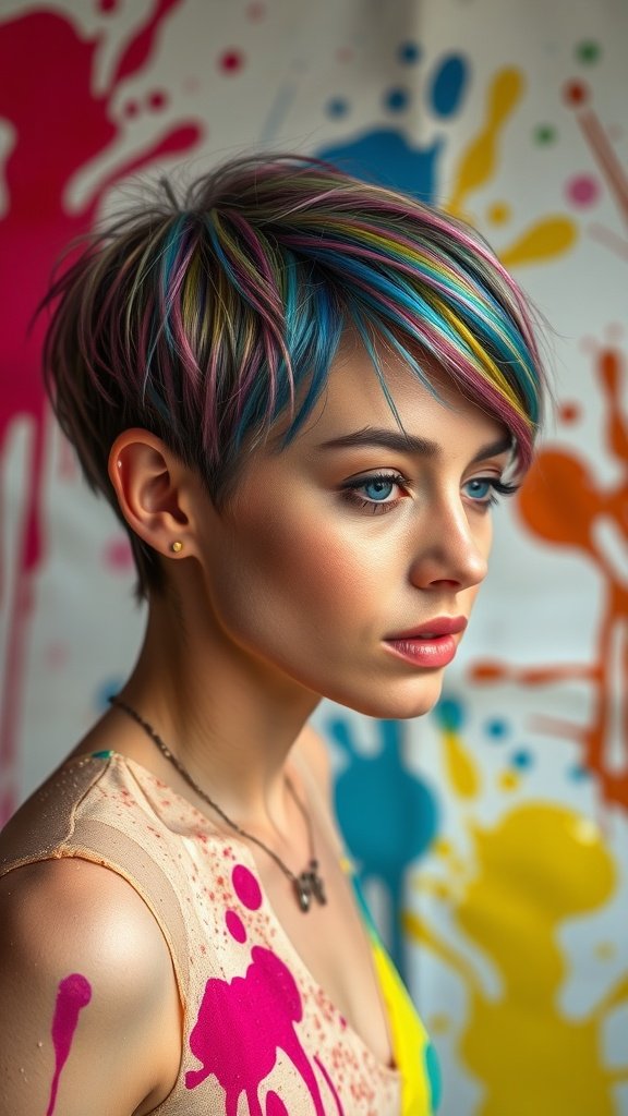 A person with a colorful ombre pixie hairstyle, showcasing vibrant hues against a splattered background.