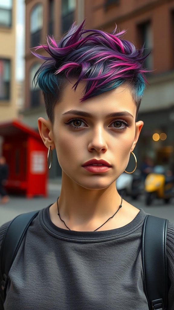 A person showcasing an edgy undercut pixie hairstyle with colorful highlights.