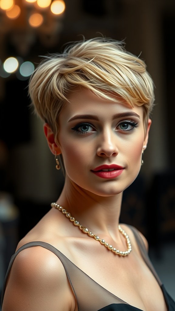 A woman with a classic short pixie hairstyle, showcasing a stylish and confident look.