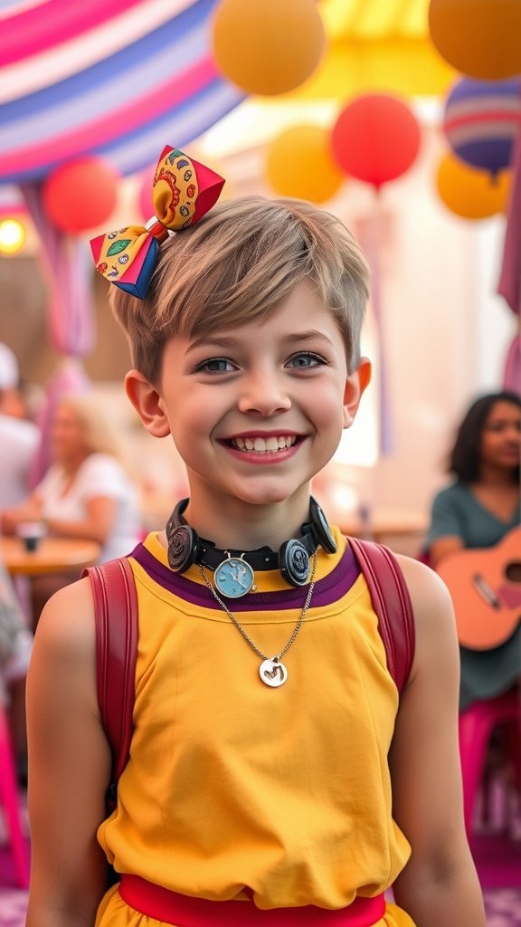 A young person with a playful pixie hairstyles, adorned with a colorful bow, smiles in a vibrant setting.